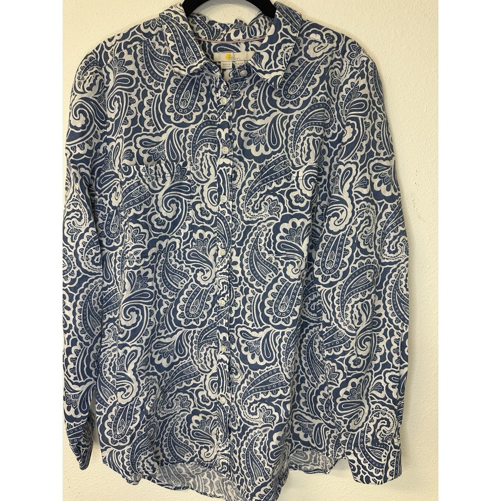 Boden Shirt Women's US 8R Blue White Paisley Linen Button Up Blouse Nautical